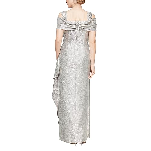 Image of Alex Evenings Women's Long Cold Shoulder Dress, Mother of the Bride, Formal Events, (Petite and Regular Sizes), Champagne Metallic, 4