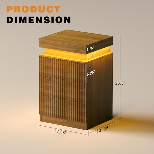 Image of Fluted Nightstand with Charging Station and LED Light, Bedside Table with Sliding Top, USB Ports and AC Outlets, 3 Drawer Storage Cabinet, Modern End Table for Bedroom, Walnut