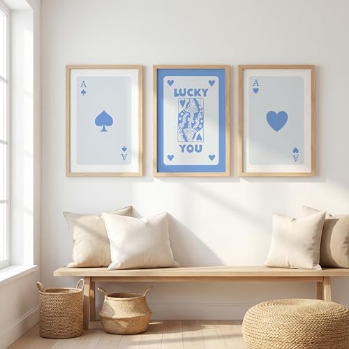 Image of NoWorries Modern Blue Playing Cards Wall Framed Painting Set | Lucky Card Art and Ace of Hearts Prints | Premium 300 GSM Paper Print with Synthetic Wooden Frame | Aesthetic Wall Decor for Hotel, Cafe, Bar, Living Room & Bedroom (Pattern-illustration) (Set of 3) (NATURAL, ART-6, 10X13INCHES)
