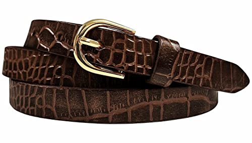 Women's Dress Skinny Belts 100% One Piece Engraved Full Grain Genuine Leather Belt 3/4"(19mm) wide (Alligator Brown, 38)