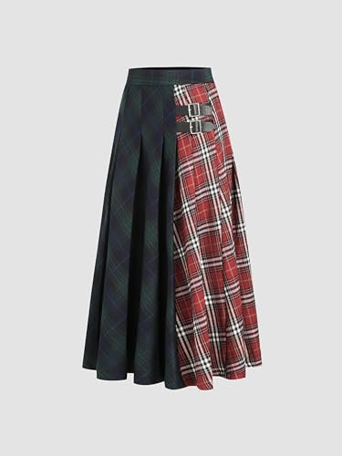 CIDER Plaid Skirts for Women Patched Check Buckle Maxi Mid Waist Long Women Casual Skirt4