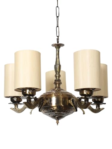 Image of Devansh 05 Lights Round Off-White Cotton Shade with Antique Golden Chandelier
