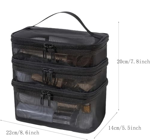 Image of 3 Layer Makeup Pouch Bag,Travel Makeup Organizer Portable Toiletry Case Bag Pouch, Large Mesh Toiletries Double Layer Nylon Brush Zip-up Tool with Handle (Black)
