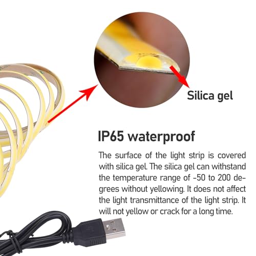 KXZM DC 5V USB COB LED Strip Light Cool White 6000K Dimmable IP65 Waterproof CRI 93+ USB Powered 6.6ft/2M 640LEDs with Dimmer High Brightness Flexible LED Tape Lights