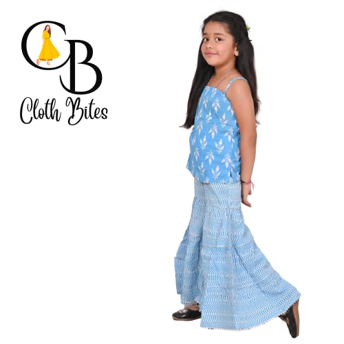 Image of Cotton Block Printed Sleeveless Sharara Set for Kids and Girls (Sky Blue, 6-7 Years)