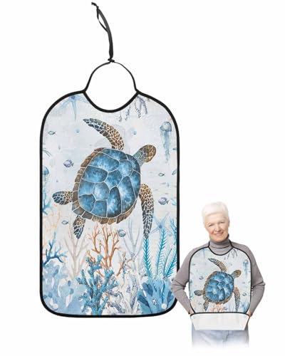 LEOKOTI Blue Sea Turtle Adult Bibs for Eating, Waterproof Bibs with Food Catcher & Snap Closure, Coastal Nautical Coral Summer Beach Seaside Washable Clothing Protectors Adult Bibs for Elderly