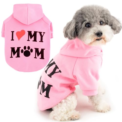 Zunea Sudadera con capucha para perro con agujero para arnés para perros pequeños, gatos, sudadera estampada con texto en inglés "I Love My Mom", suéter para cachorros, suéter suave de invierno y