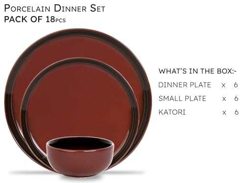 Image of Bodhi House Handcrafted Chip Resistance Porcelain Dinner Set, 18 Pieces Dish Set Serving for 6, Microwave and Dishwasher Safe, Bone-ash Free, Crockery Set for Dining and Gifting, Deep Red