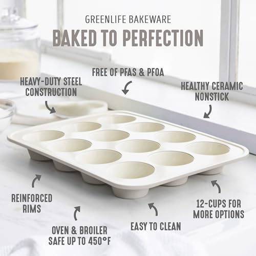 GreenLife 12-Cup Muffin Pan, PFAS-Free Healthy Nonstick Baking Tray, 11.4" x 1.9" x 15.9", Durable Ceramic Bakeware, Cupcakes, Egg Bites, Tarts, Brownies, Taupe
