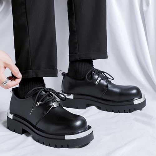 Men's Leather Chunky Heel Platform Oxfords Classic Round Toe Lace Up Chunky Heel Heightening Derby Shoes for Work Formal Office2