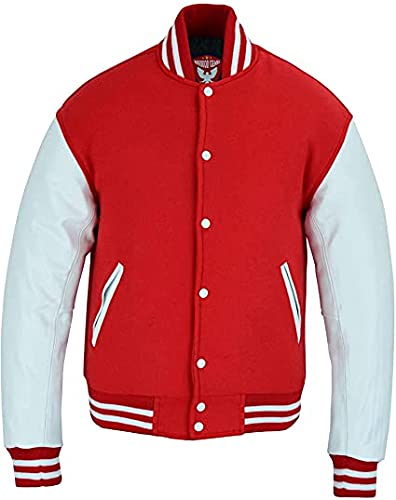 warrior gears® Veste universitaire au design classique original | Corps en laine pure | Manches 100 % cuir de vache véritable Letterman Baseball Bomber Vintage Fashion Sport Style, rouge/blanc, XL Cover