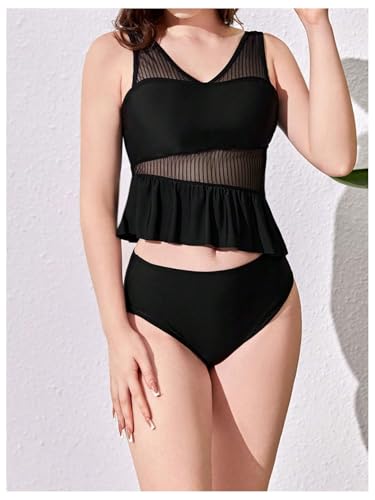 OYOANGLE Girl's Tankini Set Contrast Mesh Ruffle Hem V Neck Bikini Sets 2 Piece Bathing Suit4