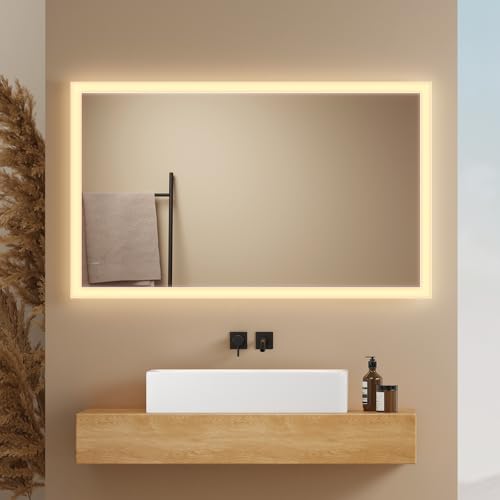 EMKE® Badspiegel mit Beleuchtung 100x60cm LED Wandspiegel 3000K Warmweiß Wandschalter Vertikal/Horizontal Montage IP44 Explosionsschutz Badezimmerspiegel mit Beleuchtung Energiesparend
