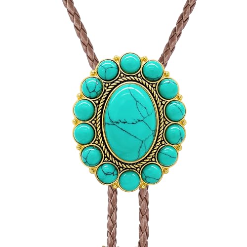 Image of GelConnie Bolo Tie for Men Women Western Cowboy Turquoise Leather Necktie | Natural Stone Bolo Tie Necklace for Women Rodeo Cowboy Leather Necktie Native American Western Cowgirl Ties Adjustable Cord