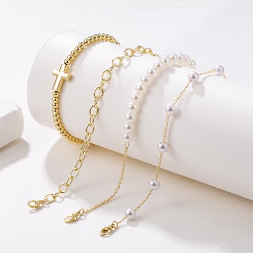 Pearl Bracelets for Women, 14K Gold Plated Beaded Jewelry Sets With Cross Charm Chain, Dainty Trendy Gifts4