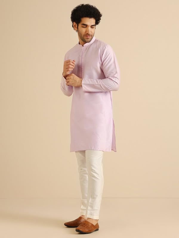 Kisah Men's Kurta, Lavender Cotton Blend, Solid Regular Fit Mandarin Collar Long Sleeves (44)