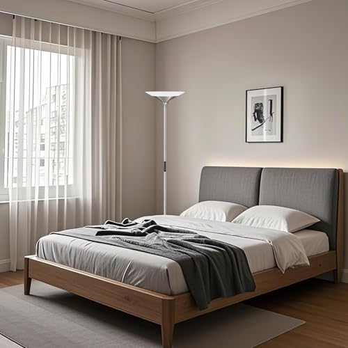 Image of SIBRILLE Metallic Silver Torchiere Floor Lamp - 30W Dimmable LED Standing Lamp with Remote /Button Control, 1800Lm, 3000-6500K, 72in Tall Bright Pole Light for Living Room Bedroom Office Corner