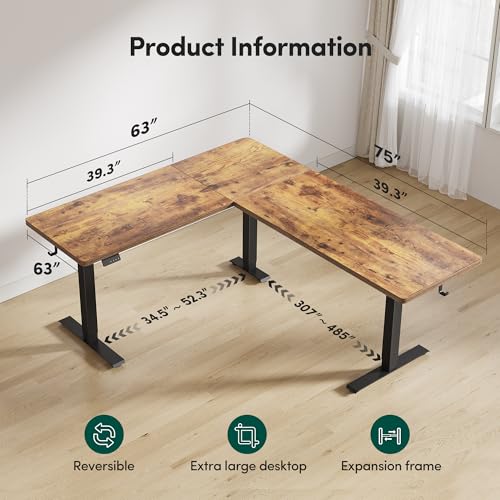 Image of FEZIBO 75 inch x 63 inchL Shaped Standing Desk Adjustable Height, Electric Stand up Corner Computer Desk, Sit Stand Home Office Desk with Splice Board, Rustic Brown