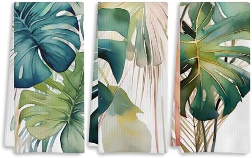 Tropical Kitchen & Bath Towels Set, Palm Monstera Leaf Hand Towel...