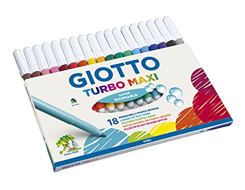 GIOTTO Turbo Maxi Super Washable Felt Tip Fibre Pens, Large Tip Nib 5mm, 18 Assorted Colours, Ideal for Children, Parties and Schools