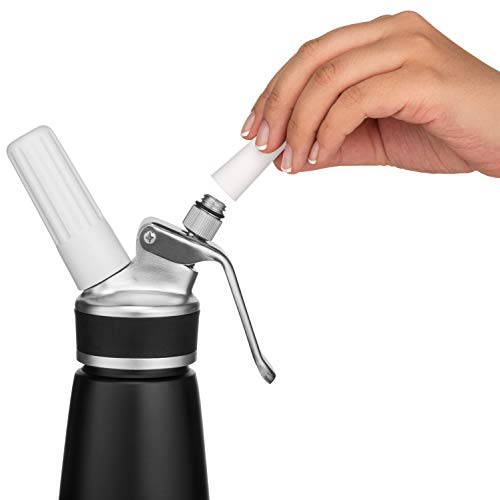 PROFESSIONAL WHIPPED CREAM DISPENSER - Aluminum Whipper Canister with 2 Nitrous (NOS) Cartridge Holders and three decorating tips - Homemade Whip Cream Maker