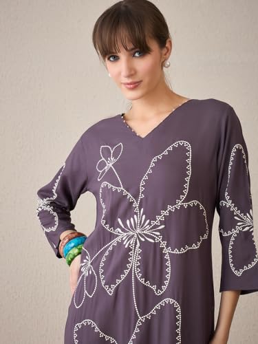 Image of INDO ERA Women's Straight Viscose Rayon Floral Embroidered Kurta & Palazzo Set (IESTR9981)