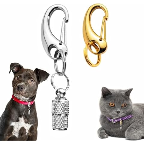 2 Pack Dog Tag Clips, Pet Tag Quick Clip with Anti-Lost Pet ID Tags Barrel Tube, Stainless Steel Easy Change Pet ID Tag Holder for Dog Cat Collars Harnesses, Gold & Silver Cover