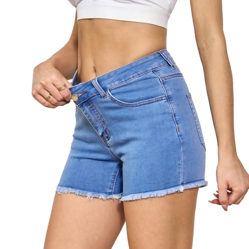 Image of VIPONES Women Mid Rise Jeans Shorts Frayed Raw Hem Summer Stretchy Casual Denim Shorts