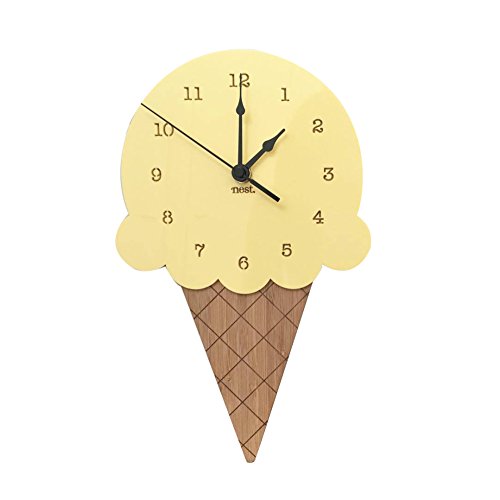 AkoMatial Horloge murale silencieuse en bois en forme de crème glacée pour la maison, le salon, le bureau, la chambre d'enfant jaune
