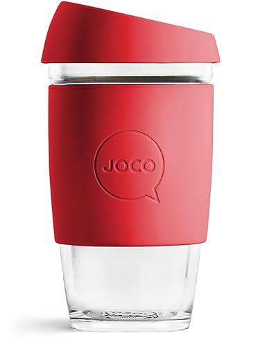 JOCO 16oz Travel Friendly Eco-innovative Borosilicate Reusable Classic Glass Coffee Cups, Microwave Safe Travel Coffee Cup, 100% Plastic Free Thermal Shock Resistant Glass Mug (Red Scarlet)