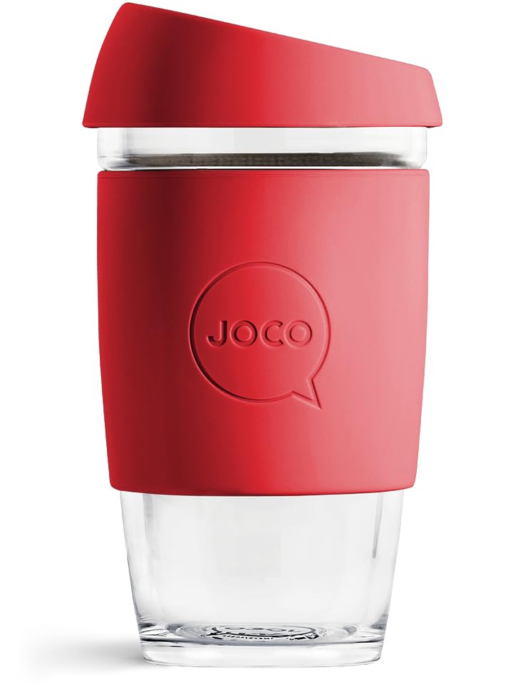 JOCO Reisefreundliche, umweltfreundliche Borosilikatglas-Kaffeetassen, wiederverwendbar, klassisch, mikrowellengeeignet, Reise-Kaffeetasse, 100 % plastikfrei, thermoschockresistent, Glasbecher (Rot