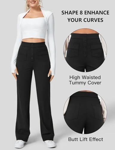 Flygo Womens High Waisted Multiple Pockets Straight Leg Flexipants Stretchy Work Trousers Button Down Casual Pants(Black-M), Medium4