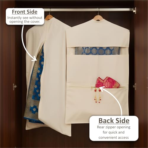 JD FRESH 4 Piece of Double Pocket Hanging Saree Bag/Cotton Clothes Bags for Storage/Hanging Cotton Saree Covers/Mesh Window Cloth Storage Bag/Saree Stoarge Covers with Zip - Off White