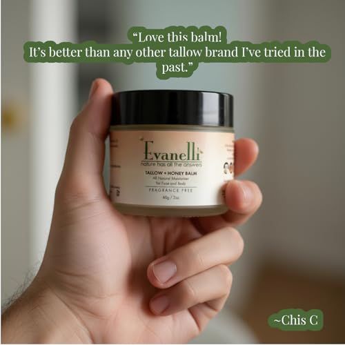 Evanelli Tallow + Honey Balm, All Natural Moisturizer for Face and Body, Fragrance Free, 2oz
