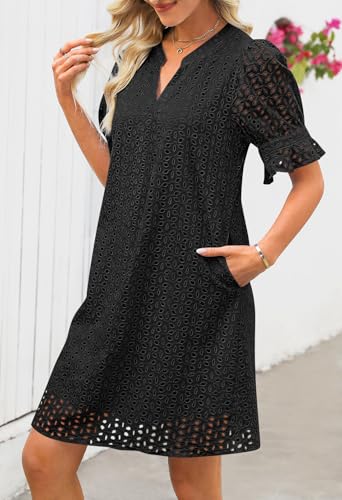 MEROKEETY Women's 2025 Summer Short Sleeve Mini Dress V Neck Ruffle Hollow Out Eyelet Lace Dresses3