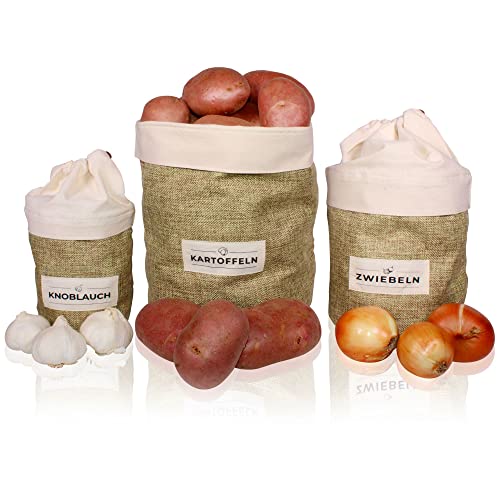 Ironix Kartoffel Aufbewahrungsbox 3er Set - hochwertige Kartoffel Knoblauch & Zwiebel Aufbewahrung - Leinenbeutel für Gemüse & Lebensmittel - waschbar bis 40 Grad - 3 Größen - mit Zugverschluss Cover