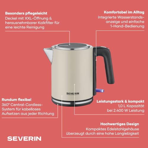 Severin elektrischer Wasserkocher 1L, Kalkfilter, 1-Hand-Bedienung, 2400 W – Ansicht 3
