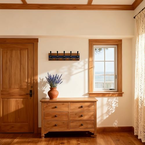 Image of SKOLOO Rustic Wall Mounted Coat Rack - 16-7 /8 inch Long Coat Hooks for Wall with 5 Triple Hooks for Hanging Coats, Hats or Tools, Western National Parks Collection, Wood Brown & Blue, Pack of 2