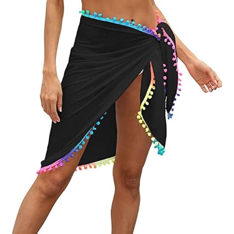VURGER Women Beach Sarong Cover Up Beachwear Skirts Summer Holidays Wrap Dress Swimsuit Cover Ups with Tassel (Black) Cover