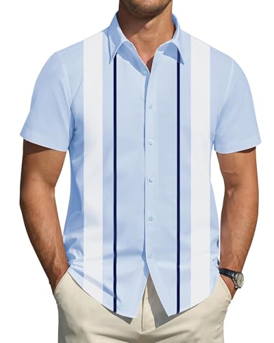 Short Sleeve Stripes Shirts for Men Casual Button Down Dress Shirt S-3XL