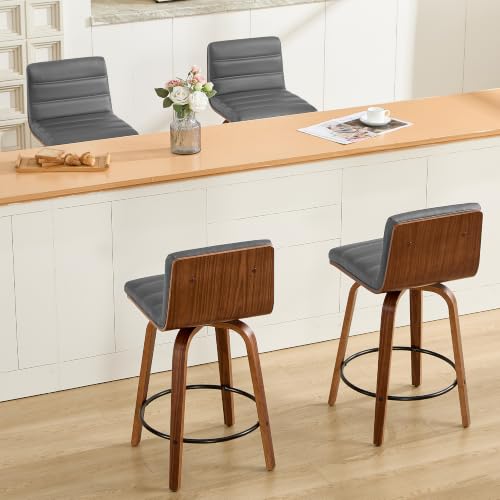 Image of Swivel Bar Stools Set of 5,26 inch Faux Leather Counter Height Barstools with Back,Mid Century Modern Upholstered Bar Chairs with Bentwood Legs Island Stools for Kitchen Counter Darkgrey