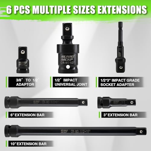 Image of SUNHZMCKP 20 PCS 1 /2 inch Impact Socket Set, Drive Deep 6 Point Socket Set, Including Standard SAE Sockets (3 /8 inch to 1-1 /4 inch), 3 inch, 6 inch, 10 inch Impact Extension Bar and Drill Socket Adapter, Cr-MO