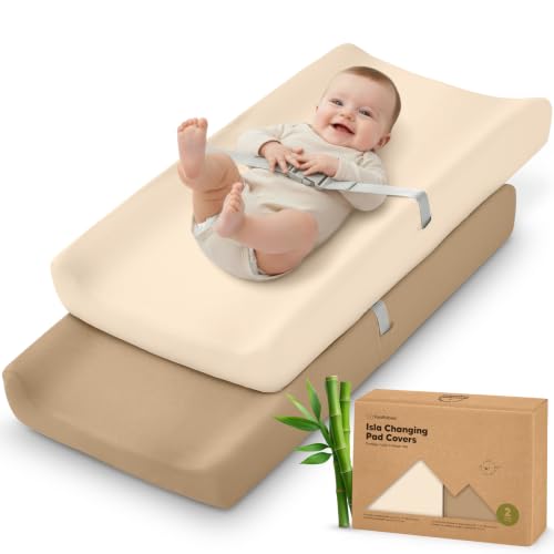 Image of 2-Pack Baby Changing Pad Cover for Girl, Boy, 34x18 (Pecan) | Soft Viscose Derived from Bamboo Baby Diaper Changing Table Pad Cover Sheets, Neutral, Snug Fit Nursery Diaper Change Sheets
