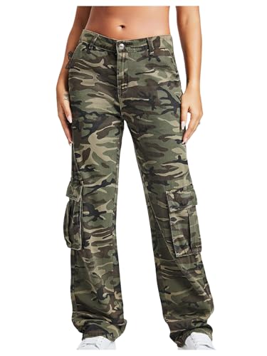 SOLY HUX Women's Camo Pants Straight Leg Denim Pants Casual Jeans Streetwear Cargo Pants