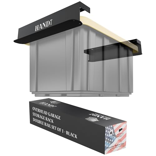 Image of USA Based Overhead Garage Storage Rack, Connectable Heavy Duty Metal Ceiling Rails Garage Storage Organization Shelving System, Hanging Racks Tote Containers, Supports Up To 1 Bin, 1 Set Black