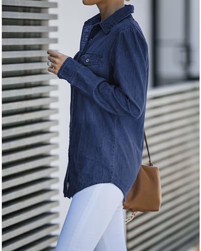 LookbookStore Women's Long Sleeve Collared Shirt Button Down Denim Blouse Tops3