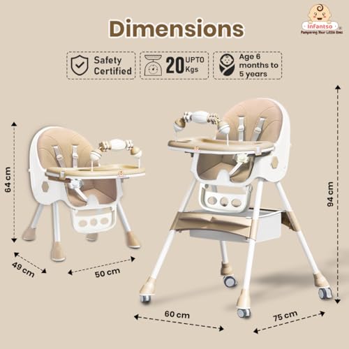 Image of Infantso Feed-X (5-in-1) Baby High Chair /Baby Feeding Chair with Foot Support for 0 to 5 Years Baby, High /Feeding Chair Foldable, Height Adjustable, Safety Harness, Wheels, Cushion, Portable Chair