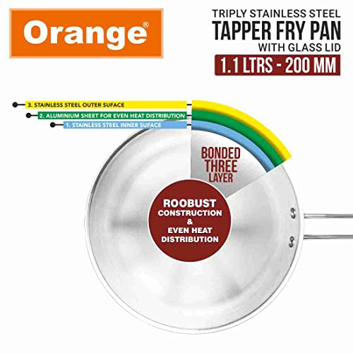 Image of Orange Triply Stainless Steel Fry Pan 1.1L Capacity with Riveted Cast Long Handle with Glass Lid | 20 cm Diameter | Heavy Bottom | Gas Stove and Induction Bottom Friendly | 5 Year Warranty.