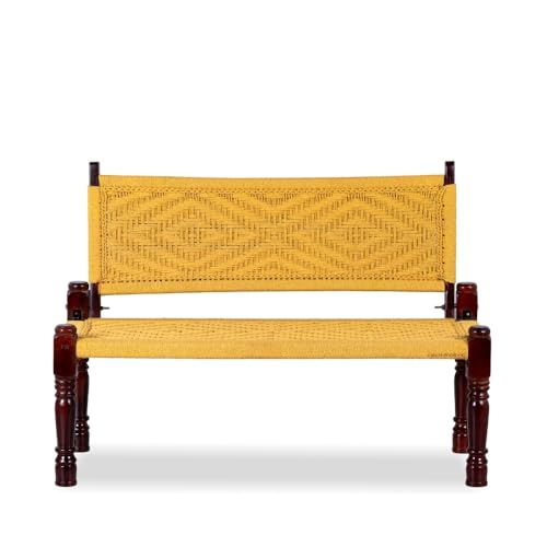 Image of Srima Wooden Bench for Living Room | Handcrafted Sheesham Wood Backrest Bench for Balcony & Garden | Traditional Rajasthani Patio for Outdoor with Cotton Handwoven Rope | Yellow