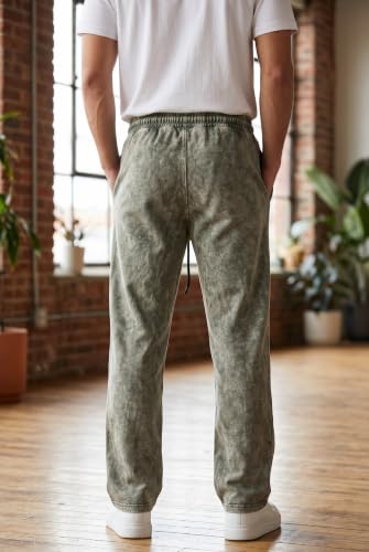 Image of boffi ... 100% Cotton Men's Relaxed Fit Pants, Wide Leg Fit, Acid Wash, Drawstring Elastic Waist, Casual Street Style